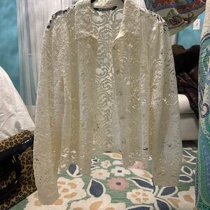 Zara Cream Lace Button Down Shirt